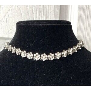 Vintage Floral Rhinestone Choker Necklace Silver Tone Crystal Wedding